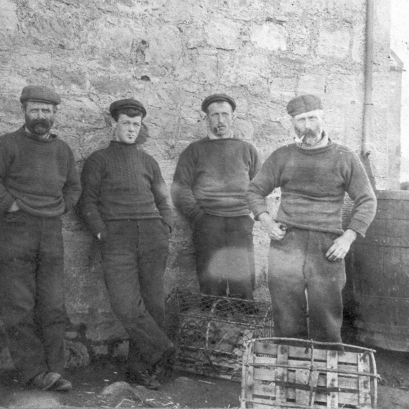 Group of four fishermen, Cove Harbour, Cockburnspath, Berwickshire, 1900
