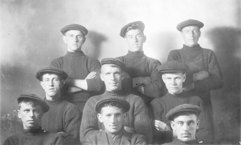 Studio portrait of fishermen, Cellardyke. Taken pre-1914. Back row, L-R: Ecky Davidson, Pratt, Tom Boyter Middle row, L-R: David Sheriff, Andrew Keay, Willie Jack, Front row, L-R: John Bett, John Smith, Alex Gourlay. John Bett drowned in 1914. Original image from E. Doig, Cellardyke.