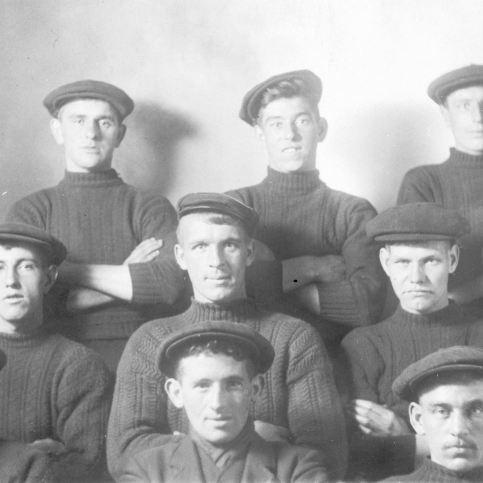 Studio portrait of fishermen, Cellardyke. Taken pre-1914. Back row, L-R: Ecky Davidson, Pratt, Tom Boyter Middle row, L-R: David Sheriff, Andrew Keay, Willie Jack, Front row, L-R: John Bett, John Smith, Alex Gourlay. John Bett drowned in 1914. Original image from E. Doig, Cellardyke.