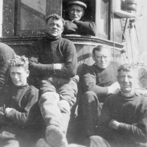 Crew of drifter, 'Just Reward', KY239. Skipper D. Costorphine is second right. It is believed that Thomas Anderson is pictured second from the left. He was lost at sea 1.5 miles from May Island when he is believed to have falled overboard. He was 27. Original - A. Anderson, Roger St, Cellardyke.