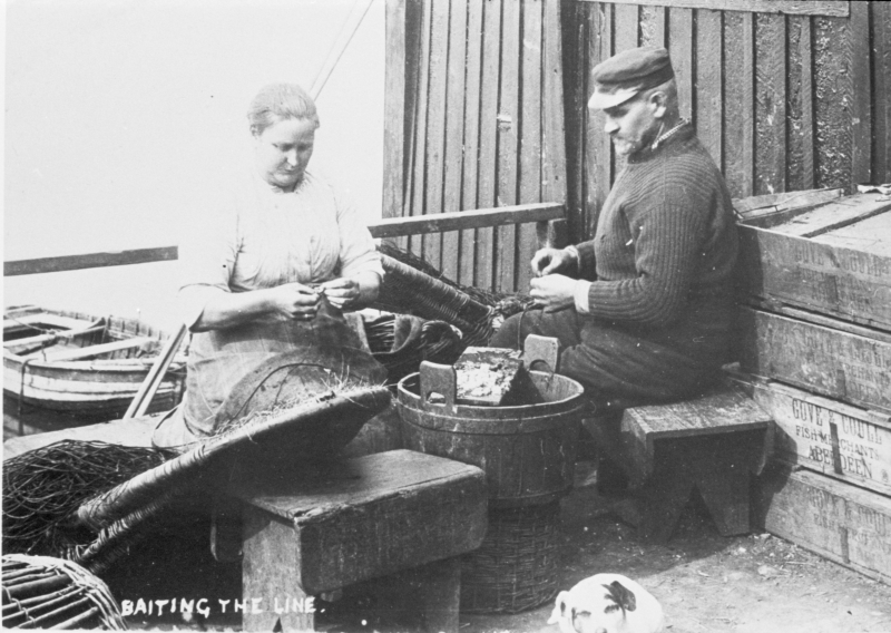 Portrait of George West and his wife baiting lines.